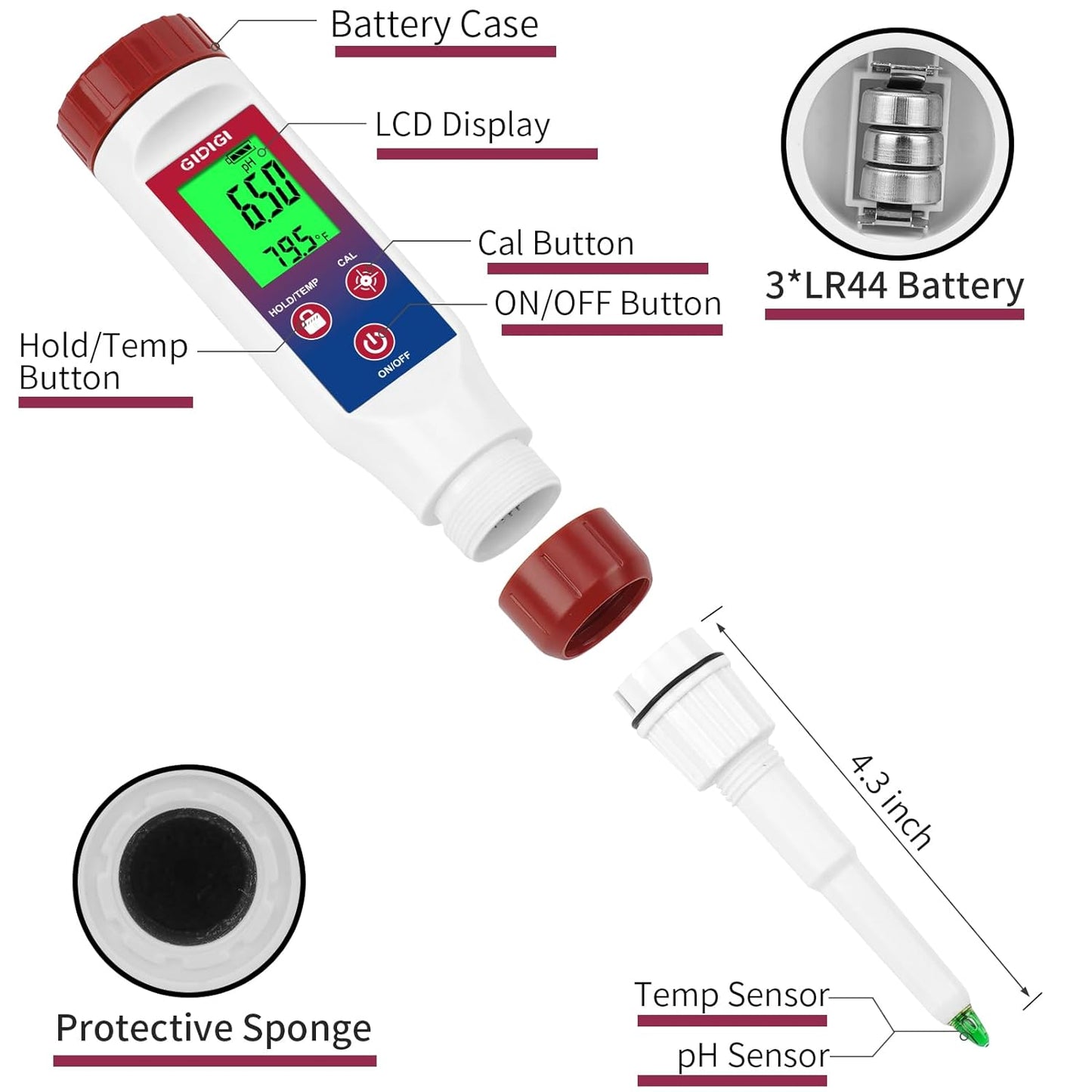 Smart pH Meter for Food, GIDIGI Digital Food pH Tester, Accurate Canning pH Test Kits with ATC, Professional Fermenting pH Test Pen, Spear pH Probe for Bread Cheese Sushi Rice Sourdough Sauce Meat