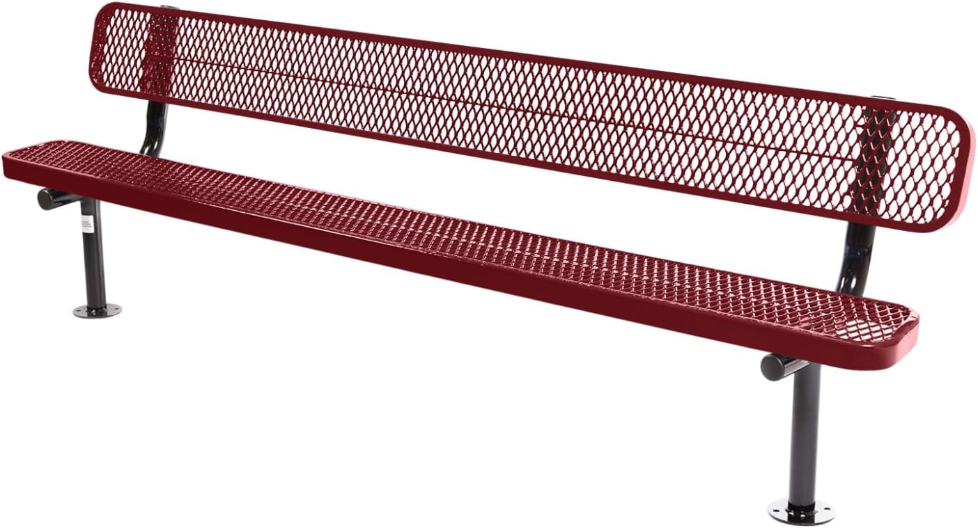 Coated Outdoor Furniture Heavy-Duty Outdoor Bench Thermoplastic Coated, Expanded Metal, Commercial-Grade Seating, Made in America (Surface with Back, 8 Ft, Burgundy)