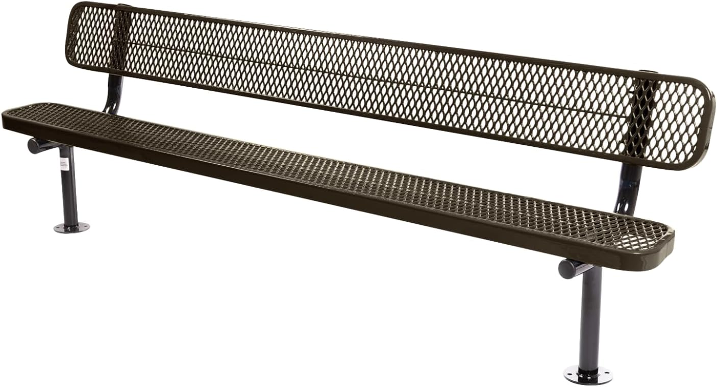 Heavy-Duty Outdoor Bench Thermoplastic Coated, Expanded Metal, Commercial-Grade Seating, Made in America (Surface with Back, 8 Ft, Textured Gold Vein)