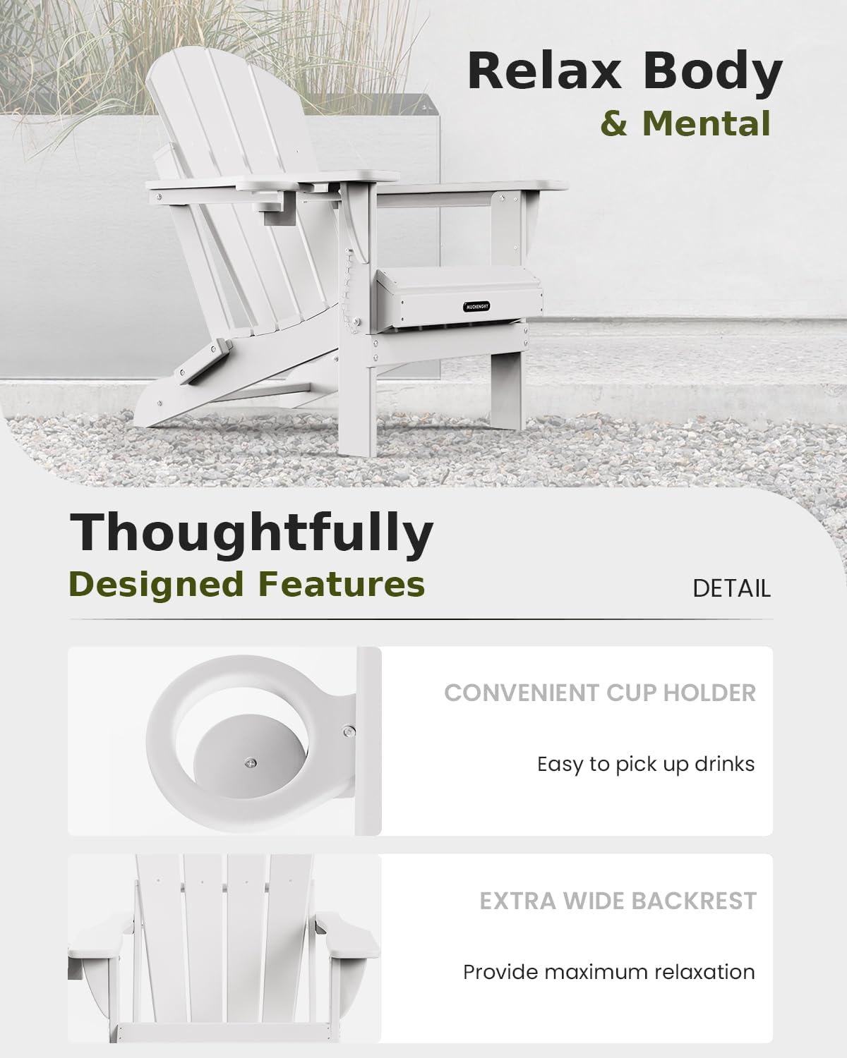 MUCHENGHY Folding Adirondack Chairs 6 Pack, Patio Chairs, Lawn Chairs, Outdoor Chairs, Adirondack Chair Plastic, Fire Pit Chairs, Weather Resistant with Cup Holder for Deck, Backyard, Garden(White)