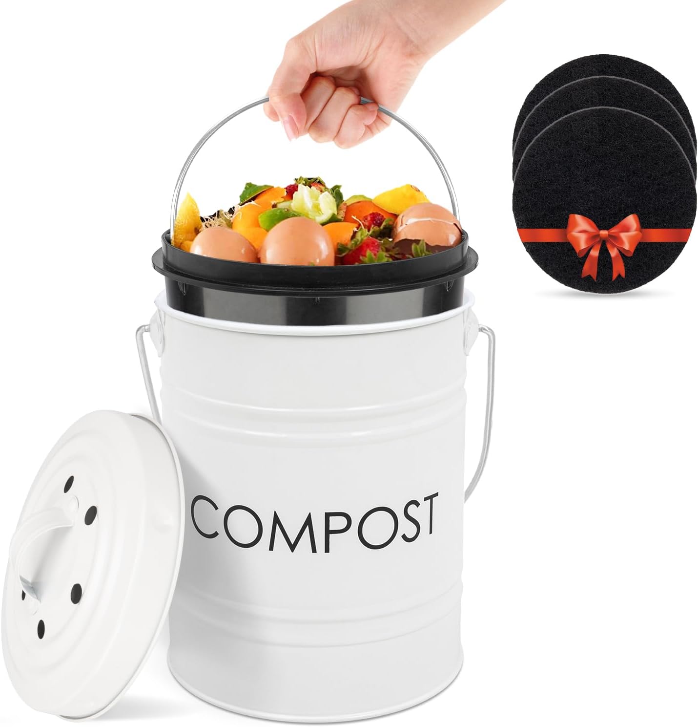 Vipush Compost Bin with Lid Small Countertop Compost Bin includes Inner Liner & 3 Charcoal Filters, White