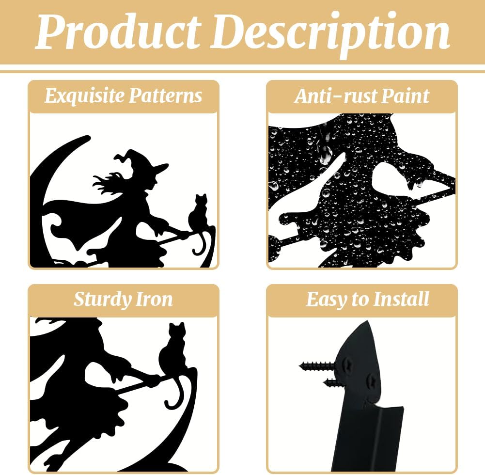 peacoblue Iron Plant Hangers Hooks for Outdoor Indoor Hanging Plants Flower Fern Pots Lantern Bird Feeder,11.6"x13.6" Weather Resistant Metal Wall Holder for Porch Garden Farmhouse(Witch and Cat)