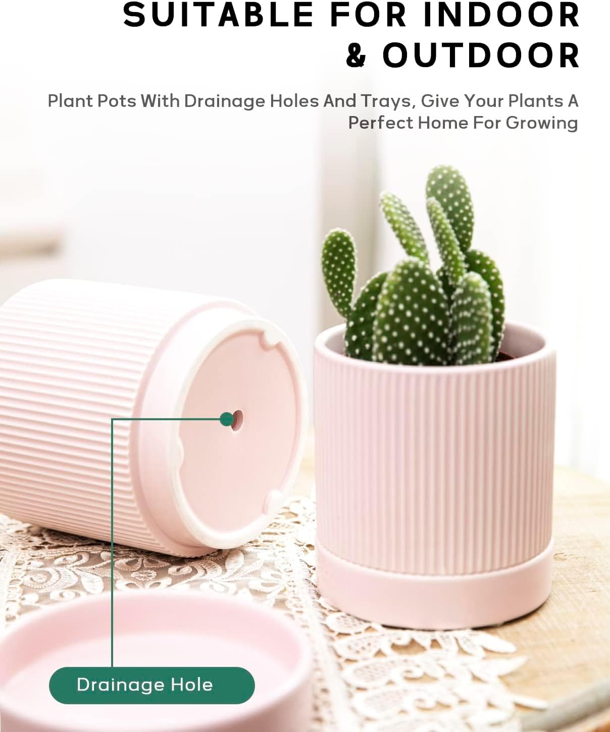 LaDoVita 3 Pack Ceramic Plant Pots 6/5/4 inch, Flowerpot for Indoor Plants with Drainage Holes and Tray, Outdoor Garden Planters, Modern Decorative for Home, Pink Vertical Stripes
