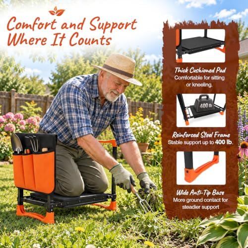 Foldable Garden Kneeler and Seat, 400 lb Capacity, 2 Tool Pouches