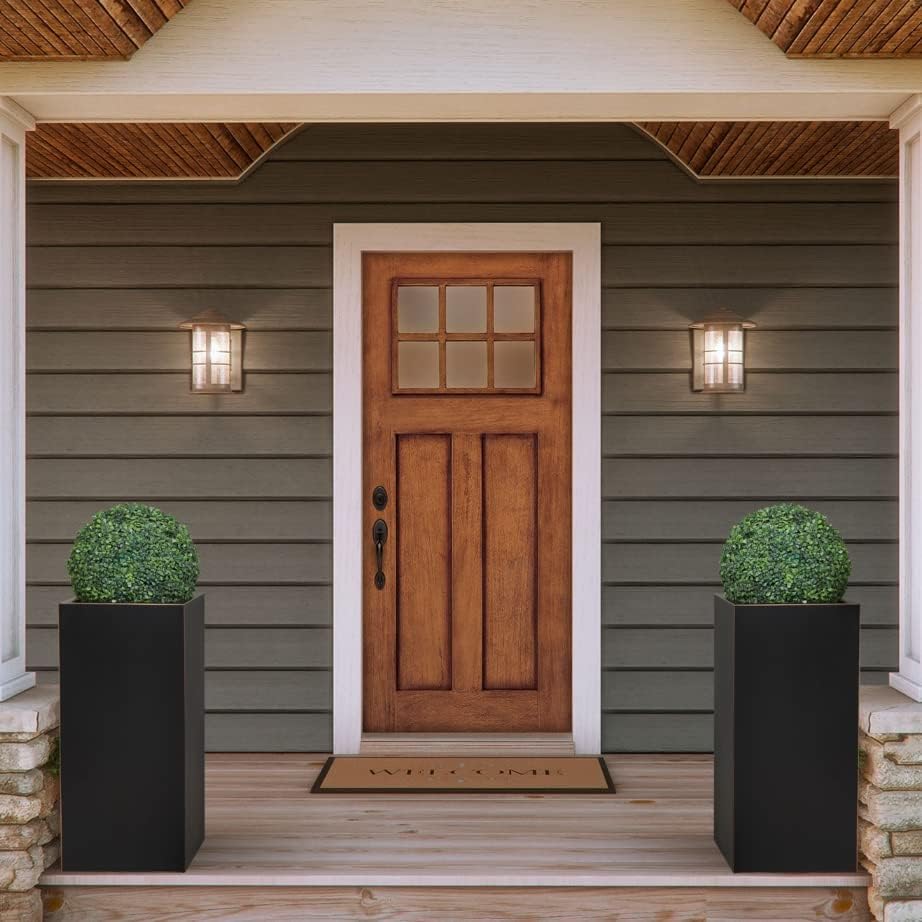 Metallic Heavy Tall Outdoor/Indoor Planter Box 14Lx14Wx30H Inches Rectangular Large Flowerpot, Tall Metal Planter Box for Front Porch ‎25 Pounds, No Assembly Required, Black, 1 Pack