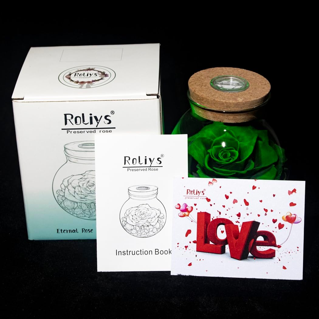 Preserved Real Roses with Colorful Mood Light Wishing Bottle,Eternal Rose，Never Withered Flowers,for Bedroom Party Table Decor, Christmas Decorations,a Gifts for Women 4.3inch1pcs (Green)