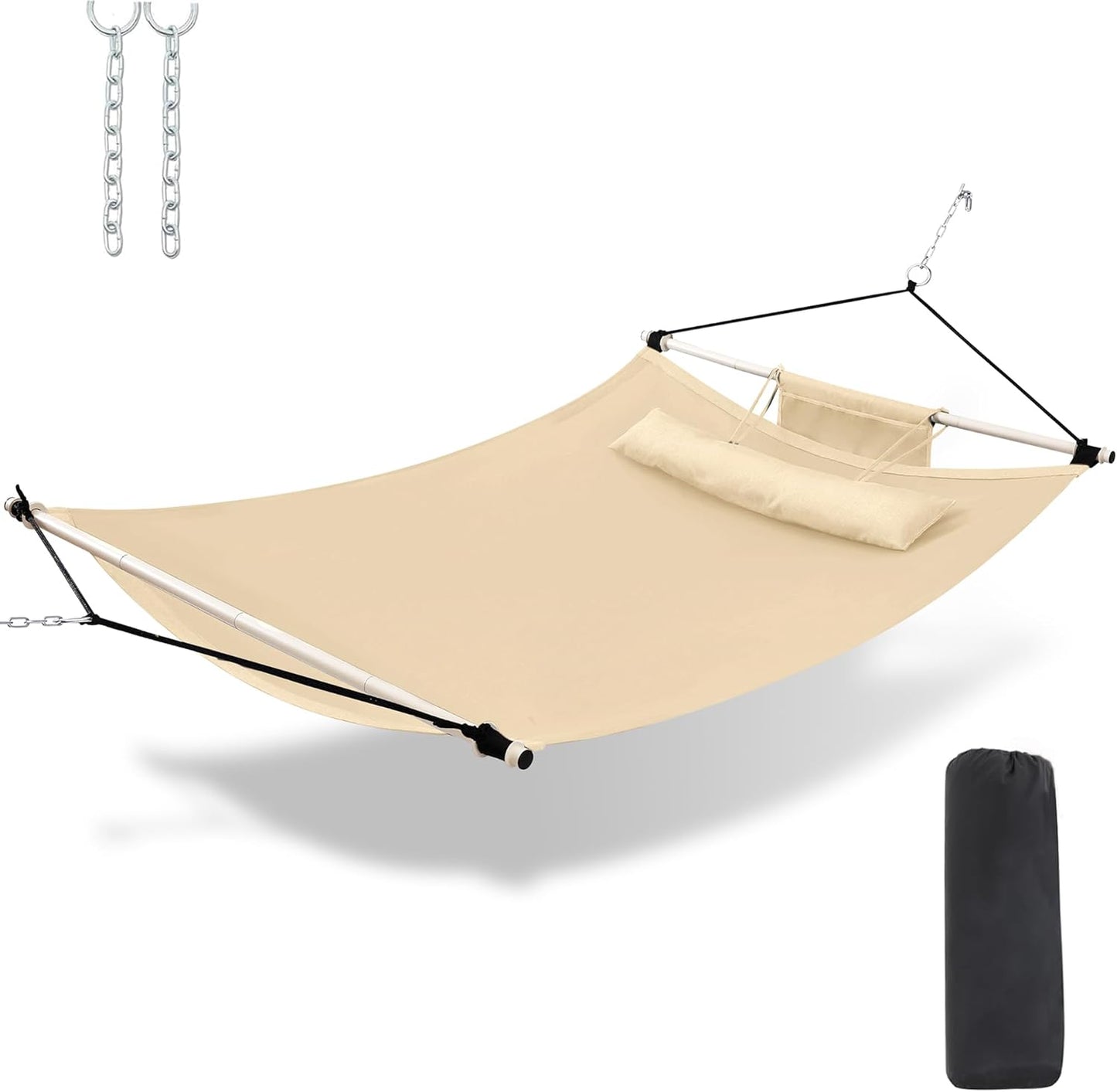 TegerDeger Anti-flip 12FT Hammock Large Hammock 450LB Capacity with Iron Spreader Bar & Nylon Rope for Outside, Patio, Garden, Backyard, Beach - Beige