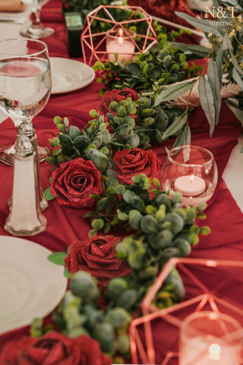 N&T NIETING Artificial Flowers Glowing Red Flowers Foam 25pcs Glitter Roses Real Looking Fake Roses with Stem for DIY Wedding Bouquets Centerpieces Bridal Shower Party Home Decorations
