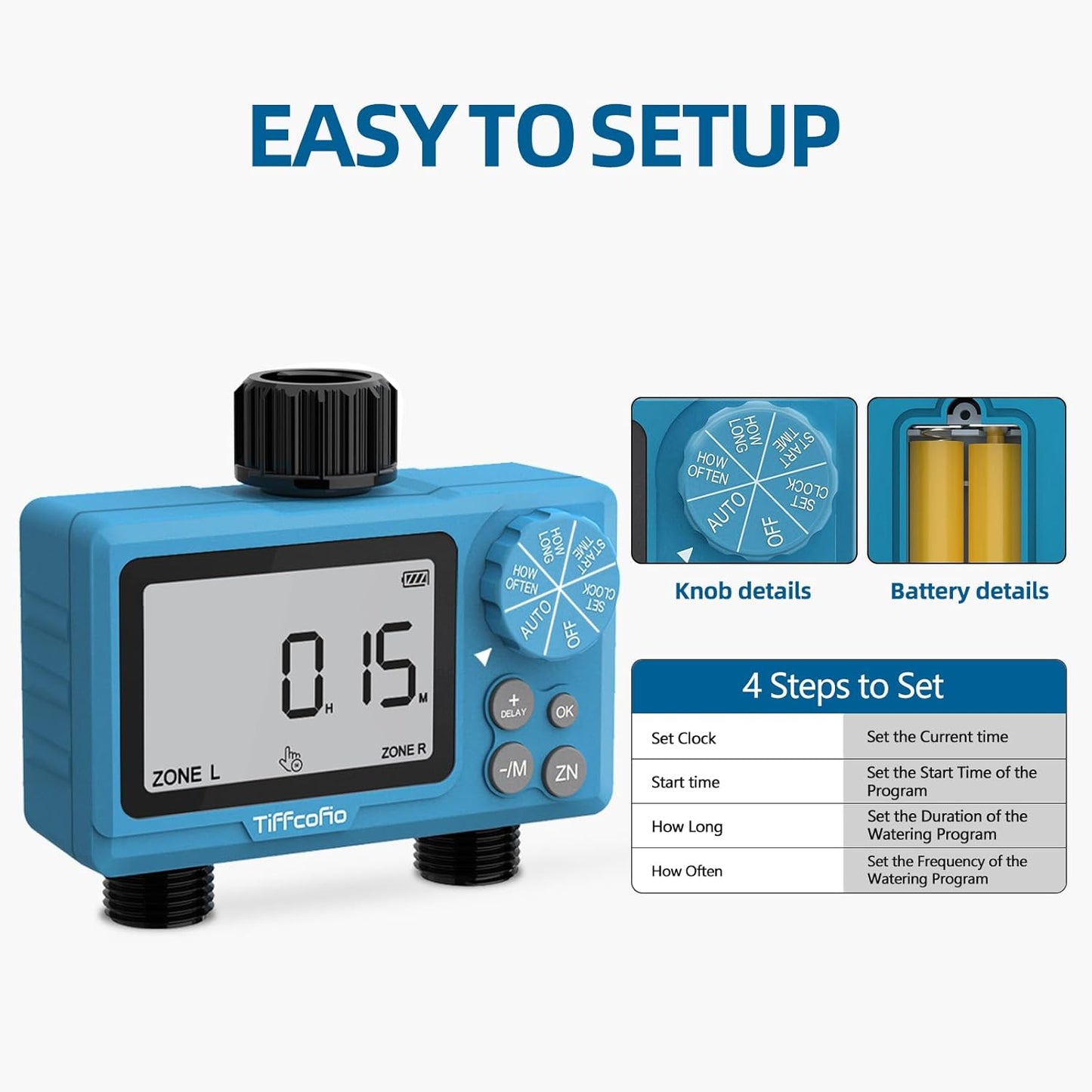 Sprinkler Water Timer Outdoor, 2 Outlets Digital Pogrammable for Garden Hose, Irrigrtion Timer with Rain Delay and Manual Mode (1 Pack)