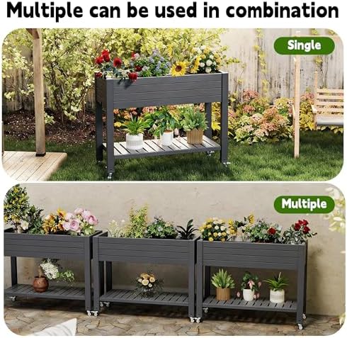 Elevated Raised Garden Bed with Legs, 33.66" Tall Self-Watering Resin Outdoor Planter Box with Storage Shelf, Drain Plug Water & Monitor for Plants Vegetables Flowers Fruits (Black)