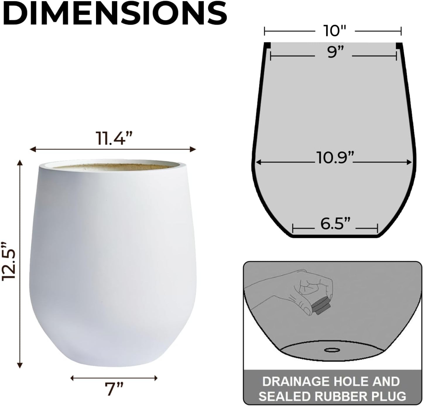 12.5"H x 11.4"D Corso Fiberstone Round Tapered Planter with Drainage Hole, Smooth Finishes, Weather Resistant for Indoor and Outdoor Use, Included 2 Extra Coco Mats (White, 9" Pot Opening)