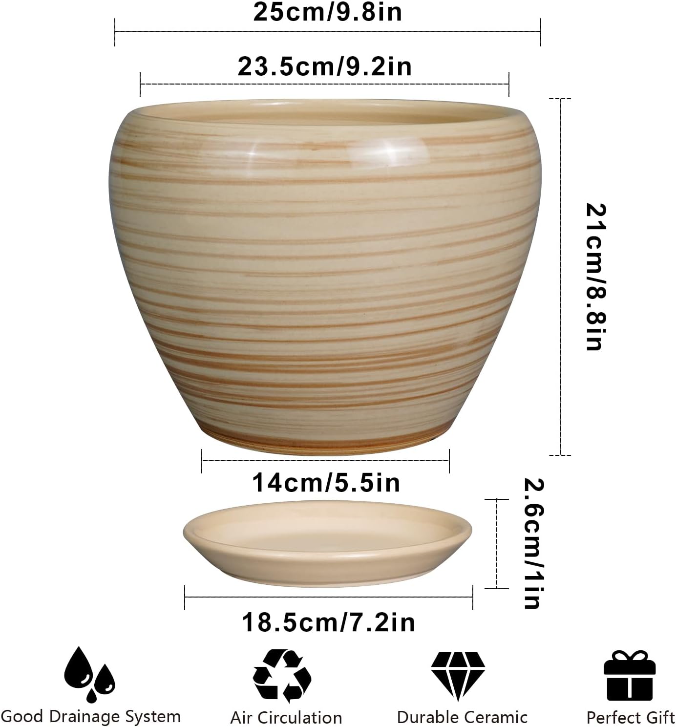 Ceramic Pot for Plant 10 Inch - Planter for Outdoor Plants Indoor Plant Pot with Drainage Hole Large Planter Round Flower Pot for House Patio Garden Yellow