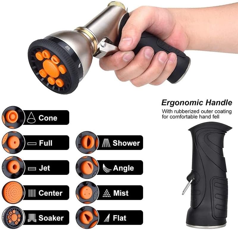 Garden Hose Nozzle – Heavy Duty Metal Hose Sprayer with 9 Spray Patterns, Thumb Control, High Pressure Water Nozzle for Watering Plants, Lawn, Car Wash, and Cleaning