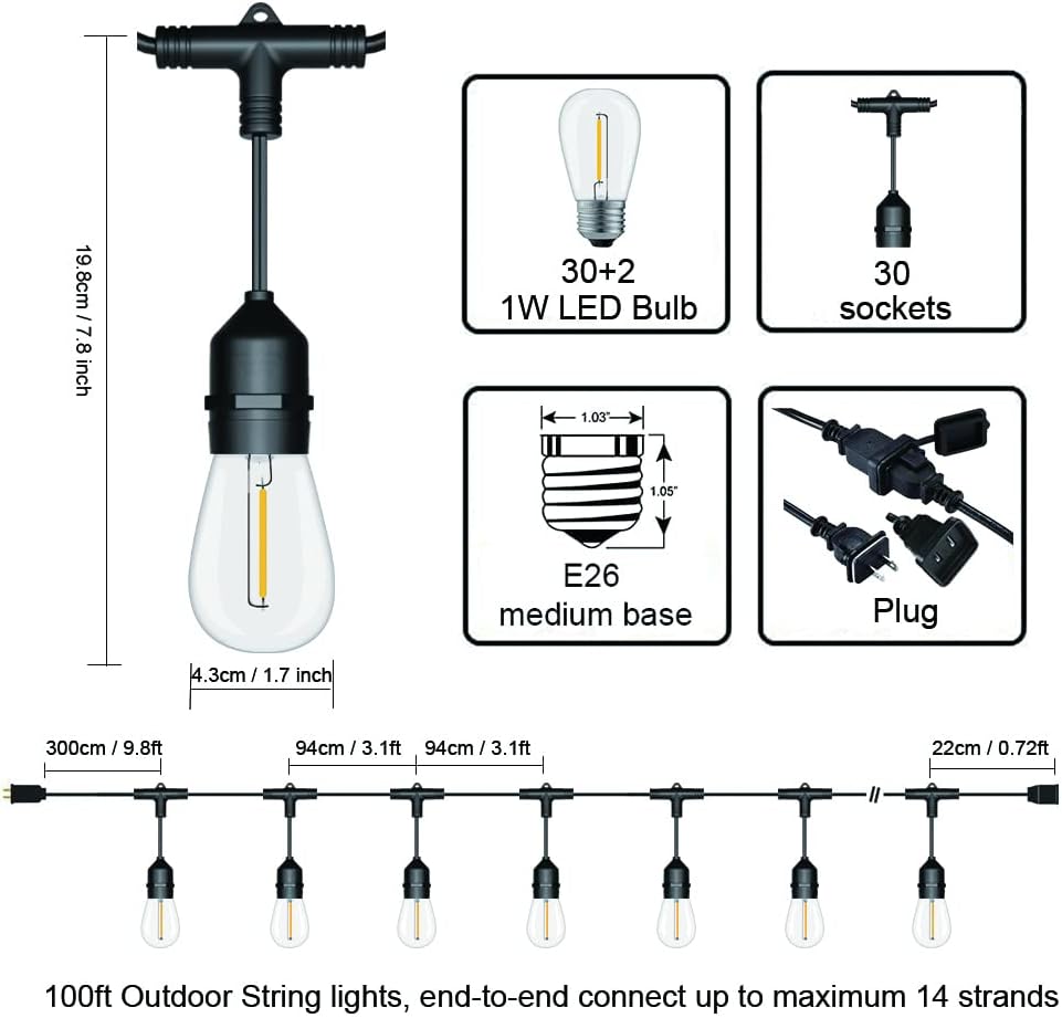 Outdoor String Lights LED 100FT Commercial Grade Heavy Duty Light String Lights with 30 Sockets 32 Shatterproof Plastic Bulbs Include 2 Spare S14 Dimmable Edison Bulbs Patio Market Cafe Light