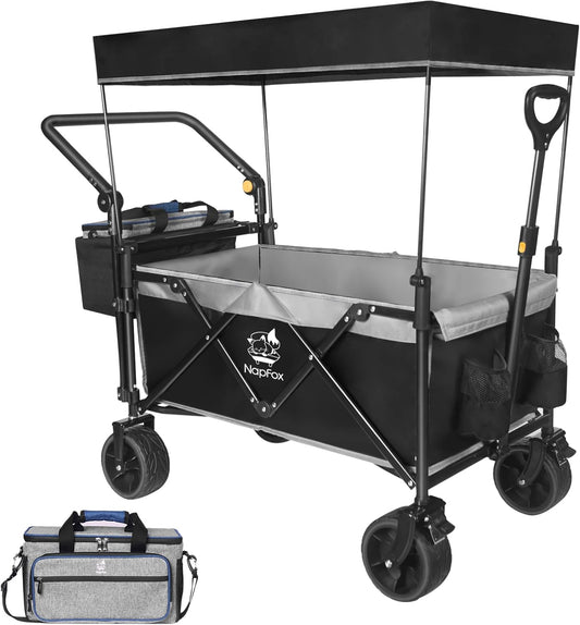 Collapsible Wagon Foldable Wagon Cart with Removable Canopy, Adjustable Push Pulling Handles,Cooler Bag Utility Carts for Shopping, Picnic, Camping,Black Grey