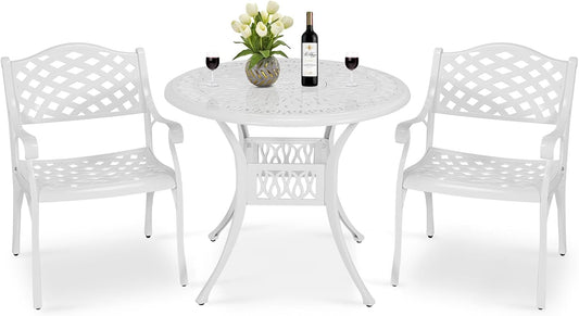 MEETWARM 3 Piece Patio Bistro Set, Outdoor All-Weather Cast Aluminum Dining Furniture Set Includes 2 Chairs and a 35.4” Round Table with Umbrella Hole for Garden Deck, White