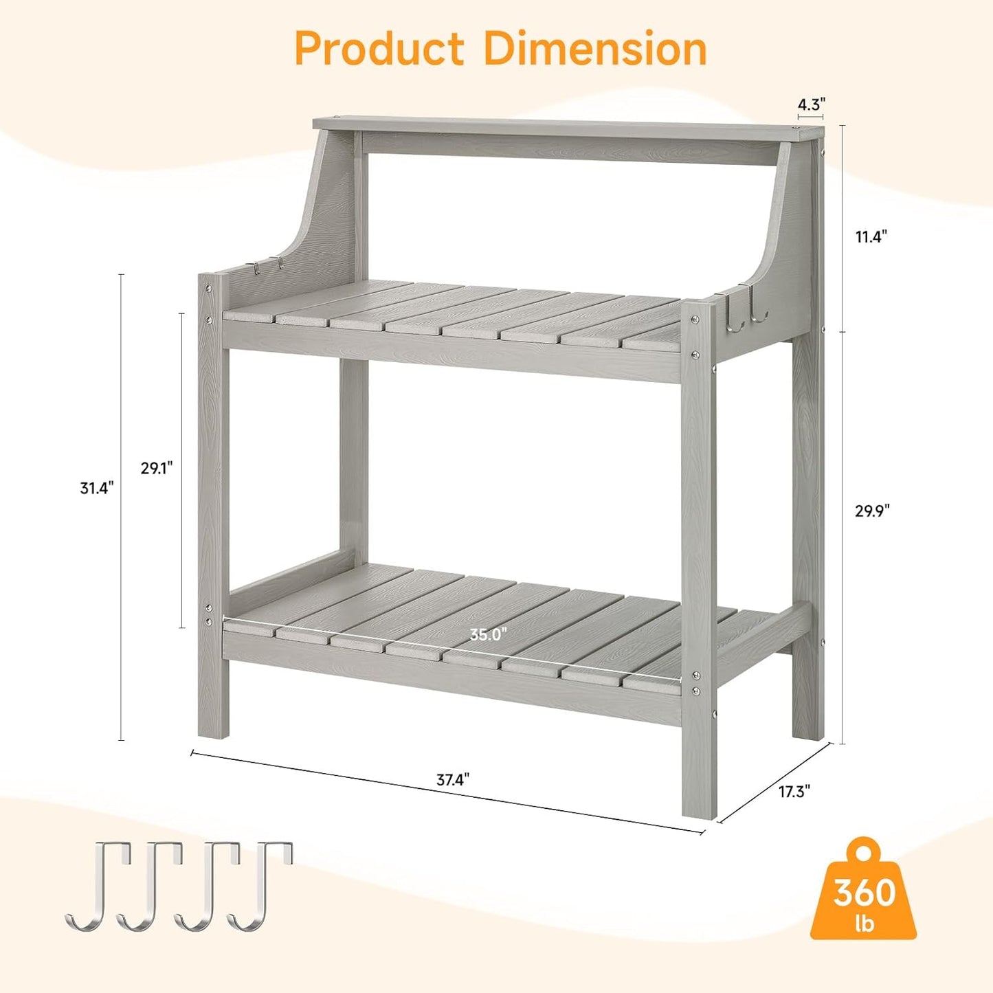 Potting Bench Table, HDPS Potting Bench with 4 Side Hooks, All-Weather Garden Table Work Station, Outdoor Potting Table for Porch, No Rust, No Fade, No Break, 360lbs Capacity (Grey, Large)