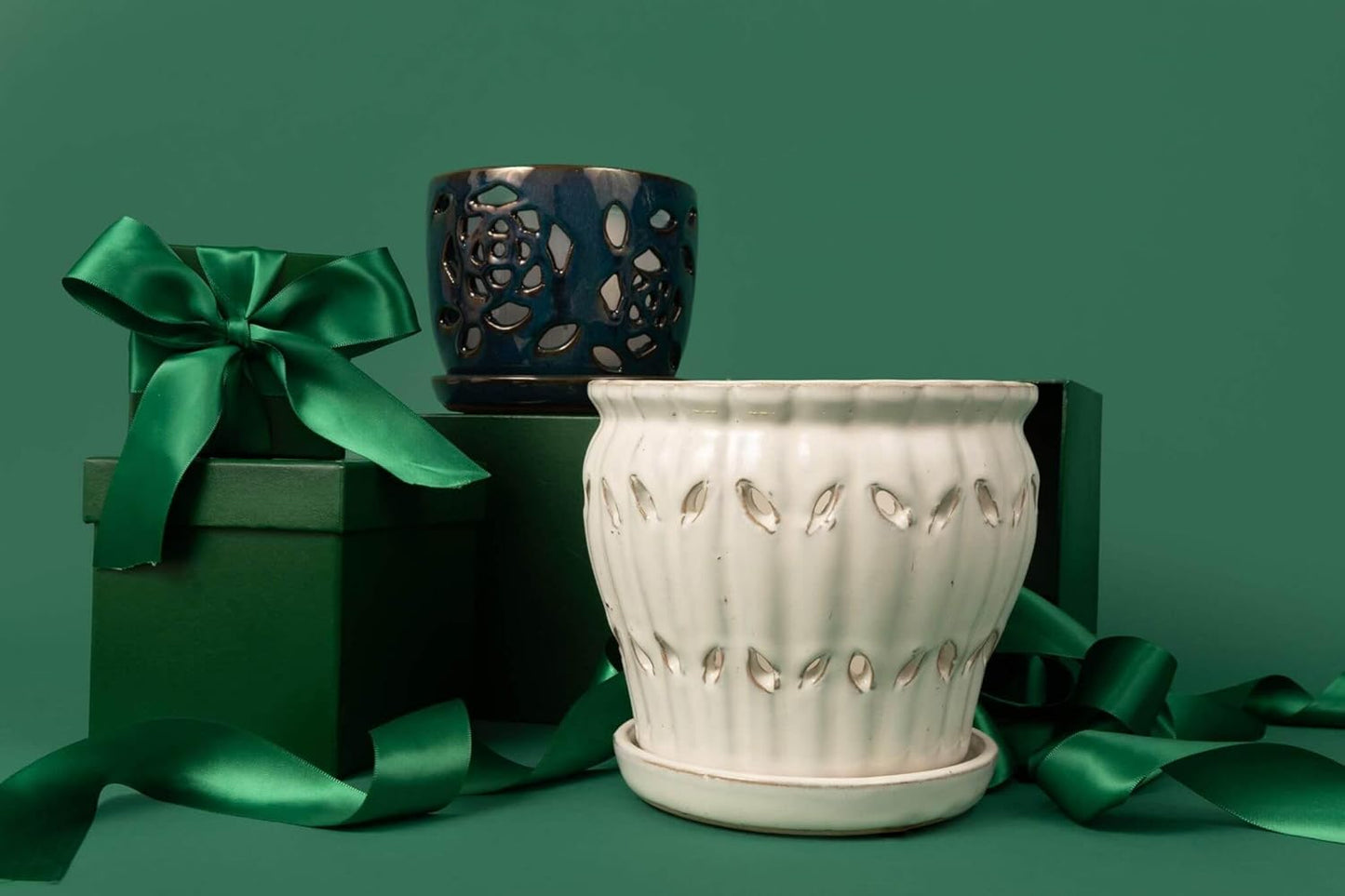 rePotme Orchid Pot - 6 inch Ceramic Pot with Holes, Pinwheel Fluted (White Diamond) - Includes Free 6 inch Slotted Liner