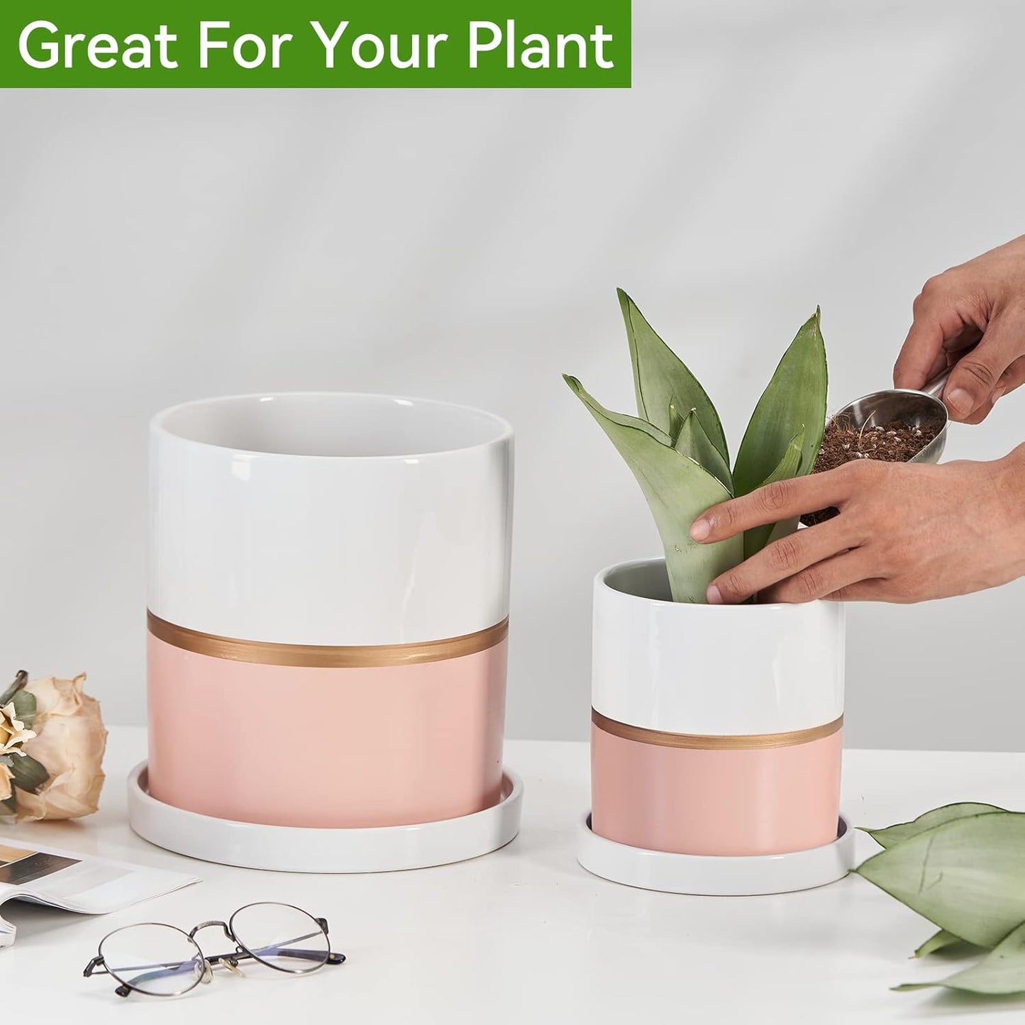 Ekirlin 4 inch Plant Pot - Ceramic Flower Planters Indoor - Modern Succulents Containers with Drain Hole Saucer, Decorate Home, Office & Outdoor (Pink)