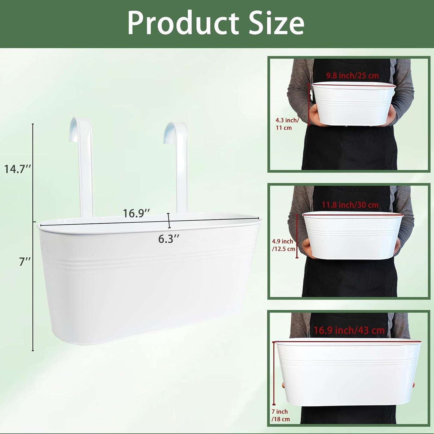 Hanging Planters for Outdoor Plants, 17" Railing Planter Pots, Metal Fence Flower Pot for Porch Balcony with Detachable Hook (White, Pack of 4)