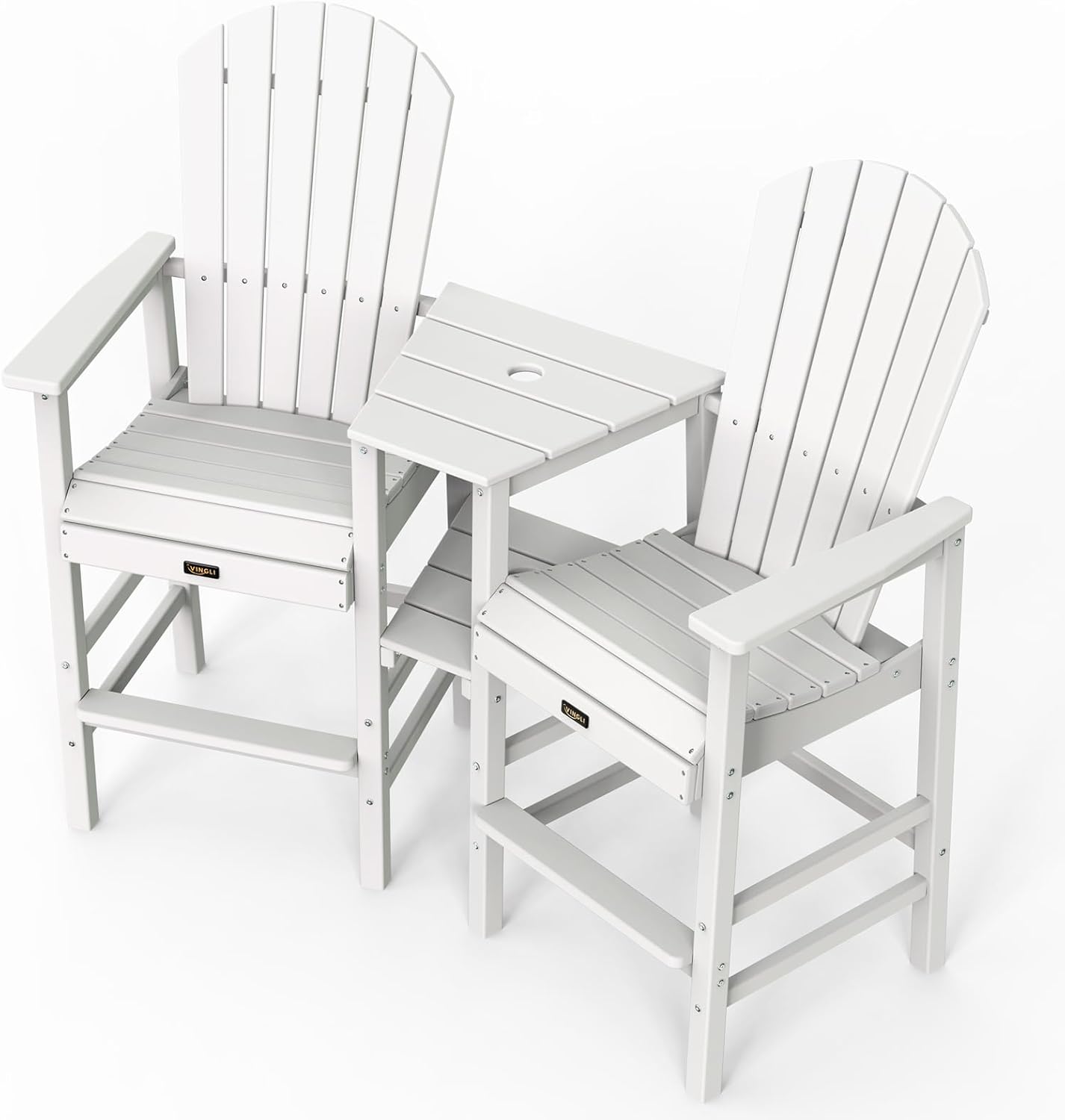 VINGLI Tall Adirondack Chairs Set of 2, HDPE Balcony Chair with Double Connecting Tray Weather Resistant Outdoor Bar Stools for Patio Deck Lawn Pool Backyard (White)