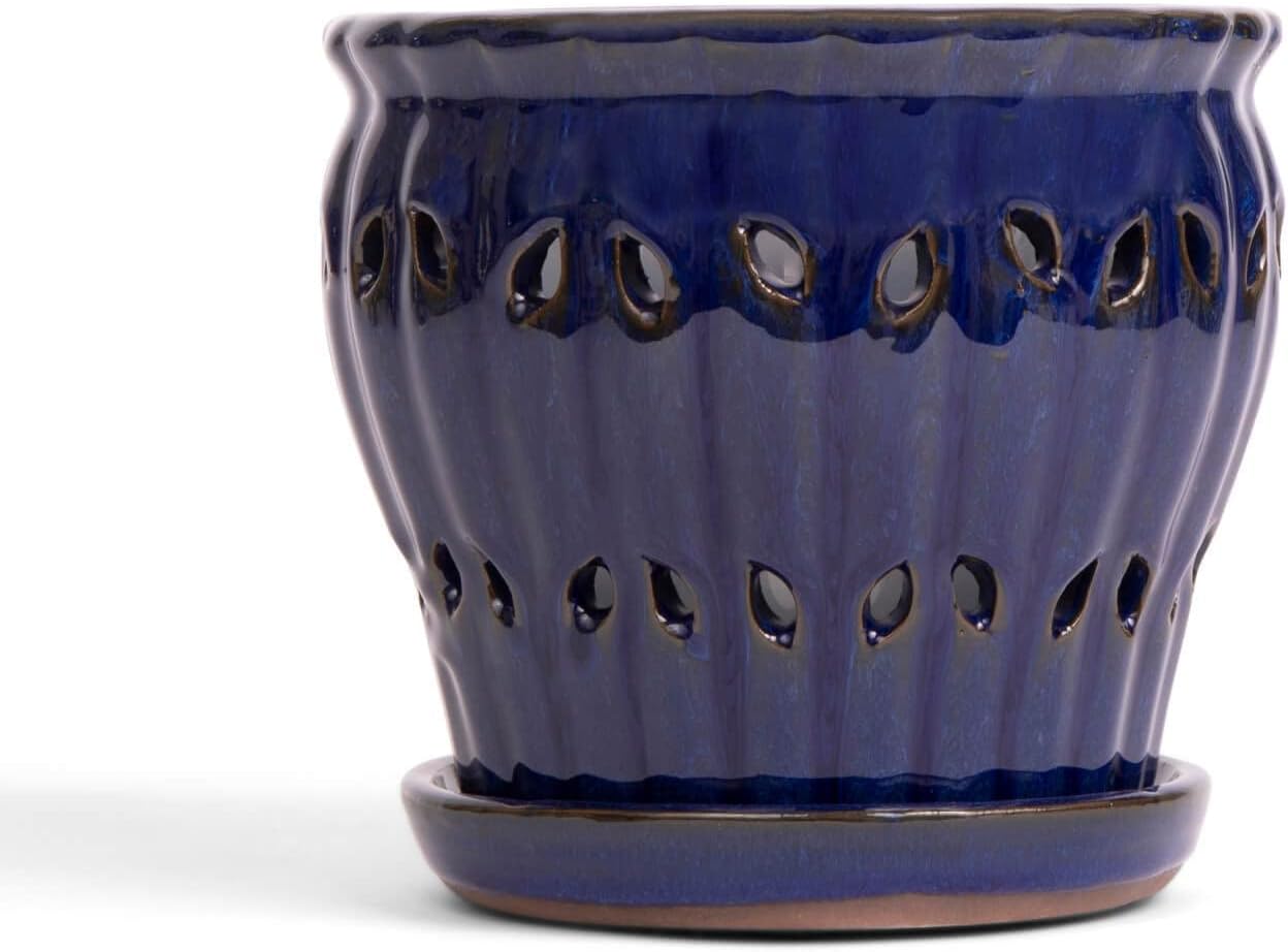 rePotme 6" Pinwheel Fluted Ceramic Plant Pot (Midnight Blue) - Great for Orchids, All Indoor Plants - Includes Matching 6 inch Slotted Pot Liner
