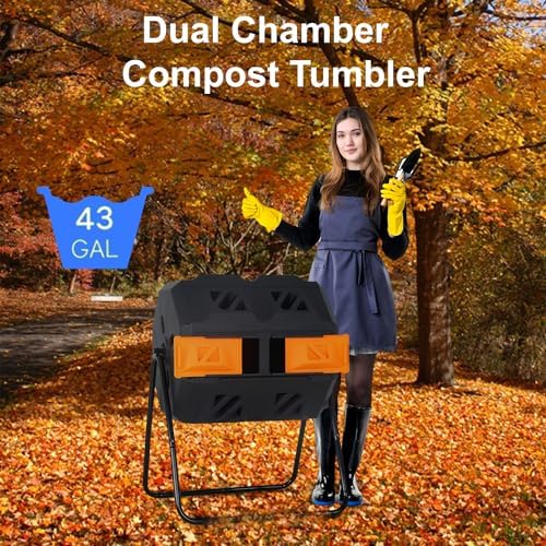 FDW | Outdoor Compost Bin | 43 Gallon | Orange | Dual Chamber Tumbling Bin
