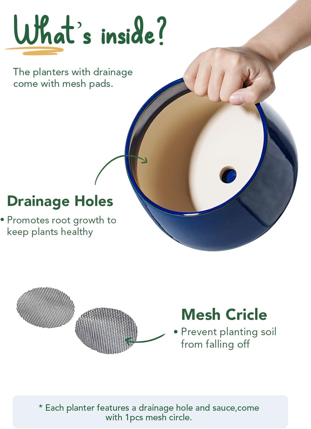 LE TAUCI Plant Pots, 4.1+5.1+6.5 inch, Set of 3, Ceramic Planters with Drainage Hole and Saucer, Indoor Flower Pot with Hole Mesh Pad, Gifts for Mom, Sapphire Blue