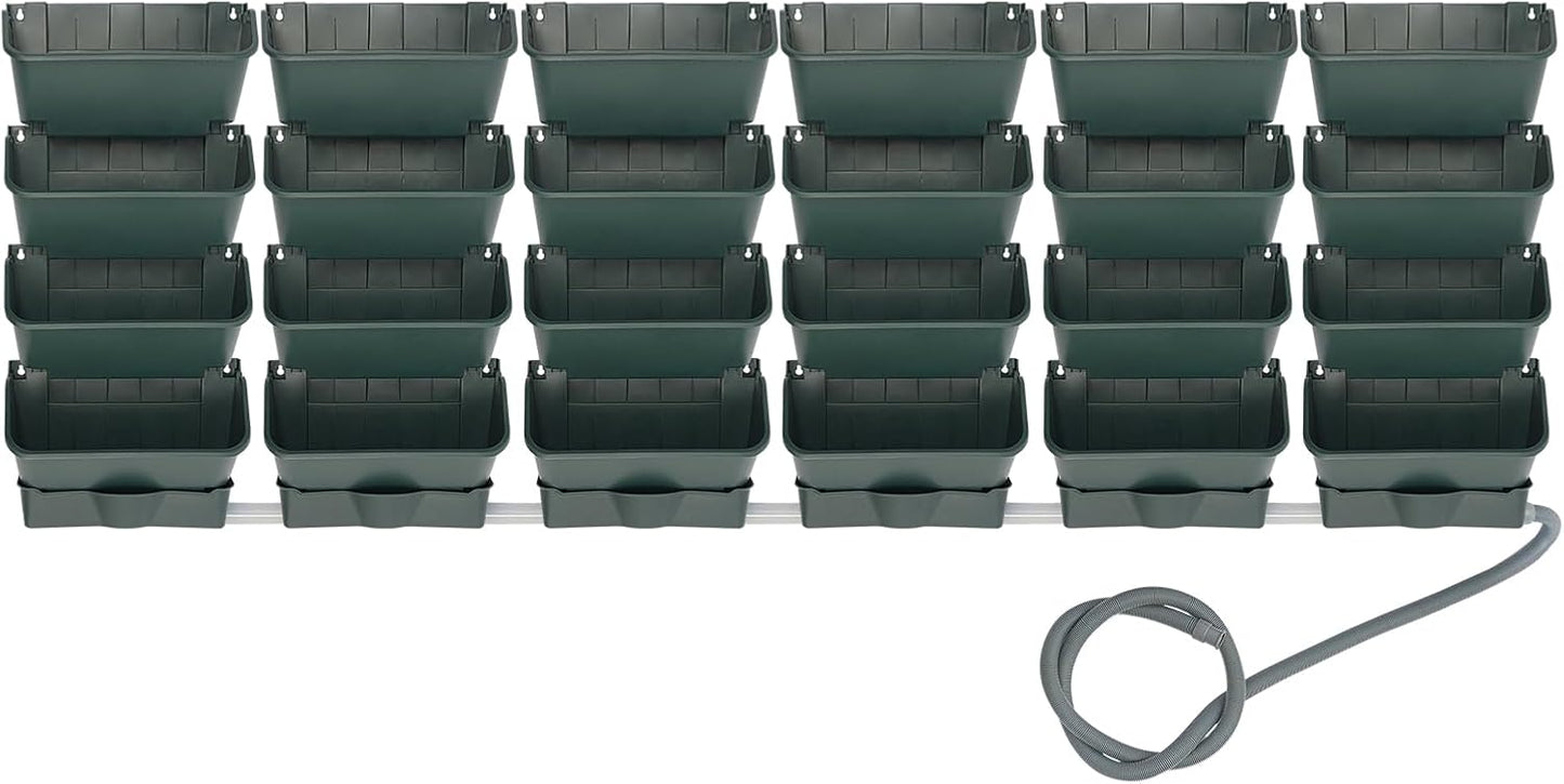 Vertical Wall Planter with 24 Pots, Hanging Garden Plant Flowerpot Holder, Stackable Wall-Mounted Planter, Balcony Planters for Flowers Vegetables Fruits (Army Green, 24 Pots+6 Drainage Planters&Pipe)