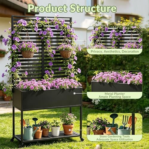 Metal Raise Garden Bed with Trellis,70" Elevated Trellis Planter Outdoor