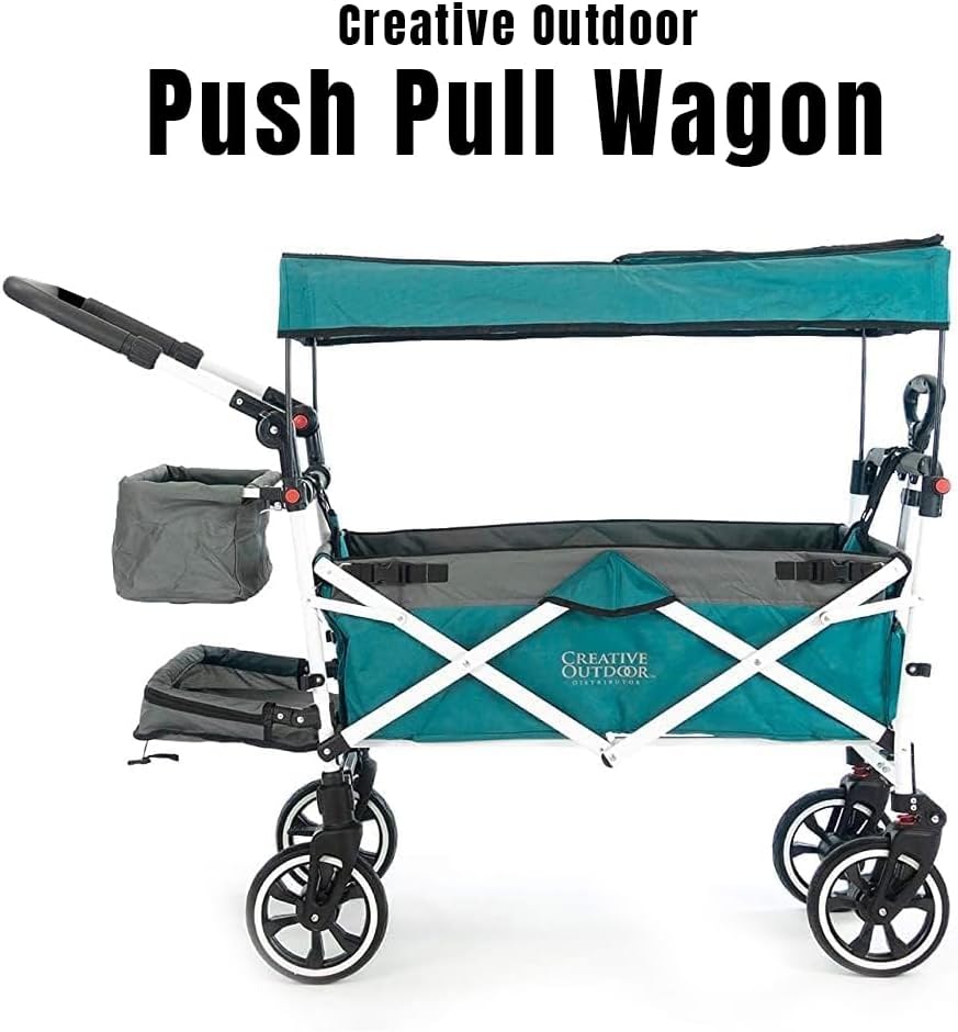 Creative Outdoor Wagon for Kids Push Pull Collapsible Stroller with Canopy Folding Cart for Beach, Park, Garden (Teal & Grey)