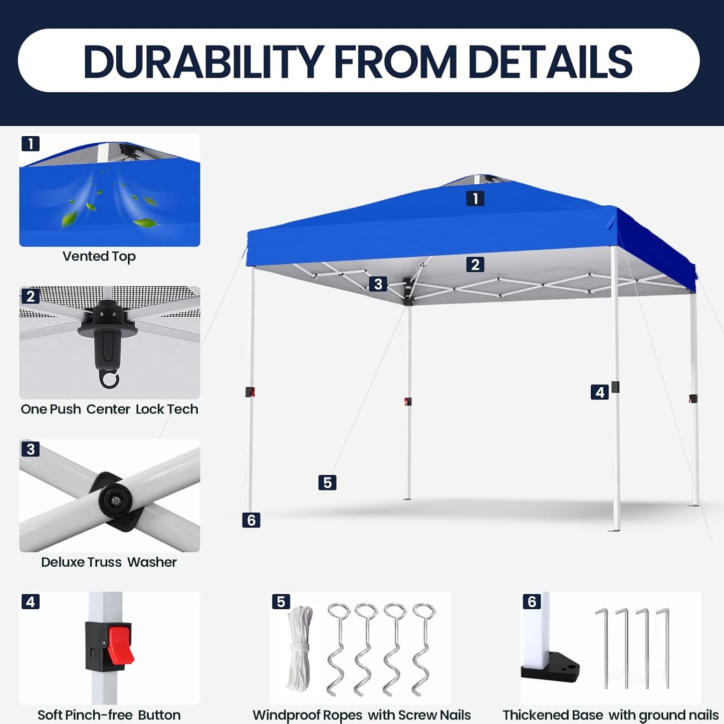 Shades 10x10 Pop Up Canopy with One Push Setup,Heavy Duty Beach Tent with Wheels for Easy Moving, Sun Shelter for Parties,Events, Outdoor Gazebo with 420D Coated Waterproof Blue Fabric
