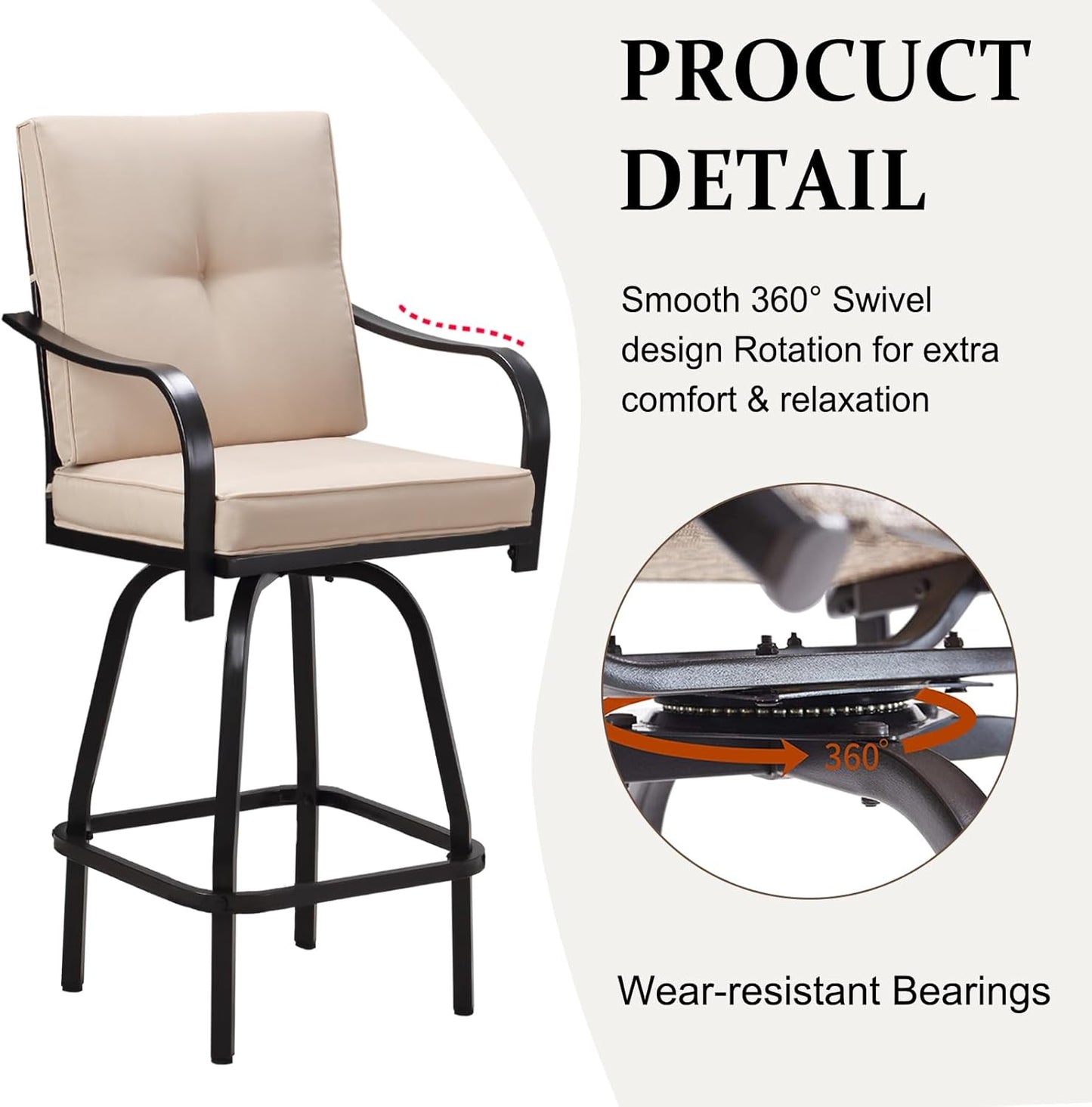 Patio Swivel Bar Stools, Outdoor High Back Swivel Bar Chair Set of 6 with Cushion & All Weather Steel Frame for Backyard, Lawn, Poolside and Balcony, Beige