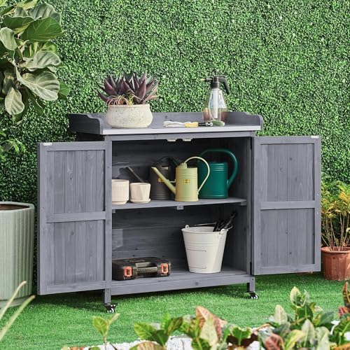 Topeakmart Potting Bench for Outside with Storage Cabinet & Metal Top,Gray