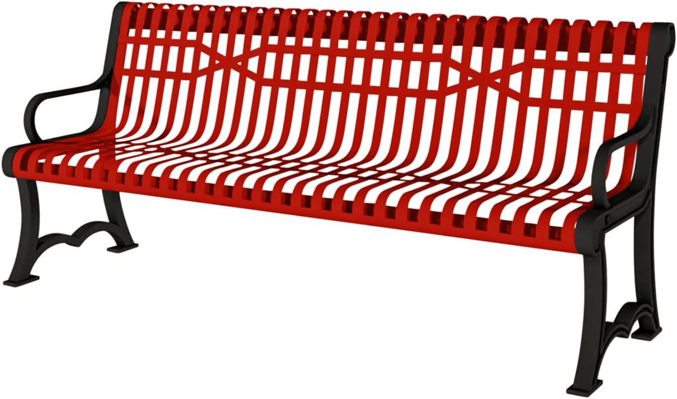 Coated Outdoor Furniture Heavy-Duty Outdoor Bench Thermoplastic Coated, Slatted Steel, Commercial-Grade Garden Bench, Made in America (Portable with Back, 4 Ft, Red)