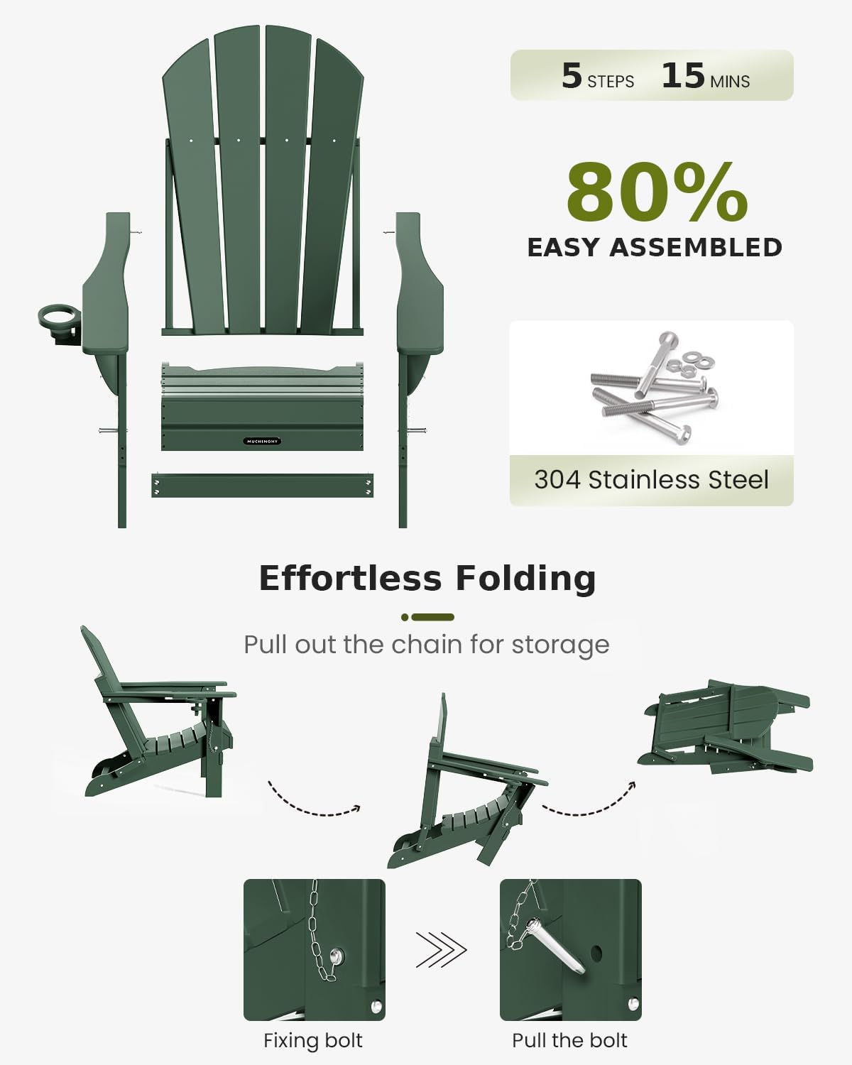 MUCHENGHY Folding Adirondack Chairs Set of 2, Patio Chairs, Lawn Chairs, Outdoor Chairs, Adirondack Chair Plastic, Fire Pit Chairs, Weather Resistant with Cup Holder for Deck, Backyard, Garden(Green)