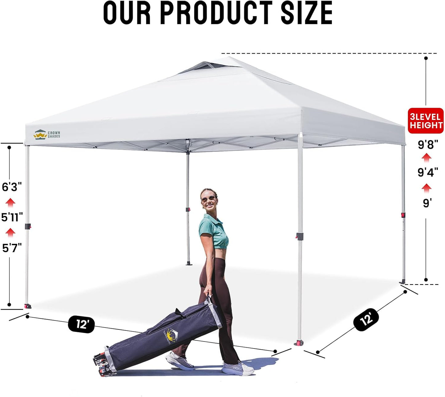 CROWN SHADES 12x12 Pop Up Canopy Outside Canopy, Patented One Push Tent Canopy with Wheeled Carry Bag, Bonus 8 Stakes and 4 Ropes, White