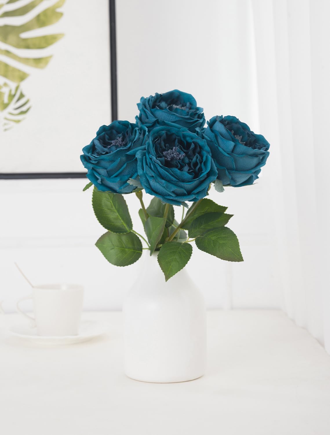 DuHouse 5Pcs Silk Roses Fake White Roses with Stems Real Touch Rose Artificial Flowers for Arrangement Wedding Party Home Decoration(Peacock Blue)