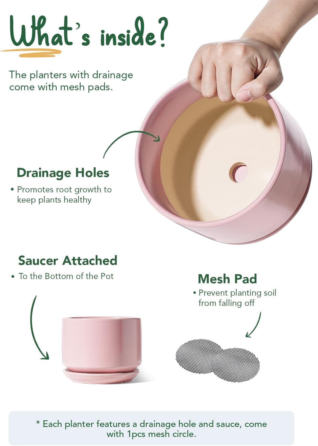 LE TAUCI Ceramic Plant Pots, 4.3+5.3+6.8 inch, Set of 3, Planters with Drainage Hole and Saucer, Indoor Flower Pot with Hole Mesh Pad, Gifts for Mom, Pink