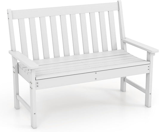 Giantex Outdoor Bench, 52-Inch Outside Bench All-Weather HDPE Park Bench with Backrest and Armrests, 705 lbs Weight Capacity, 2-Person Slatted Patio Bench for Porch, Yard, Lawn, Garden Bench (White)