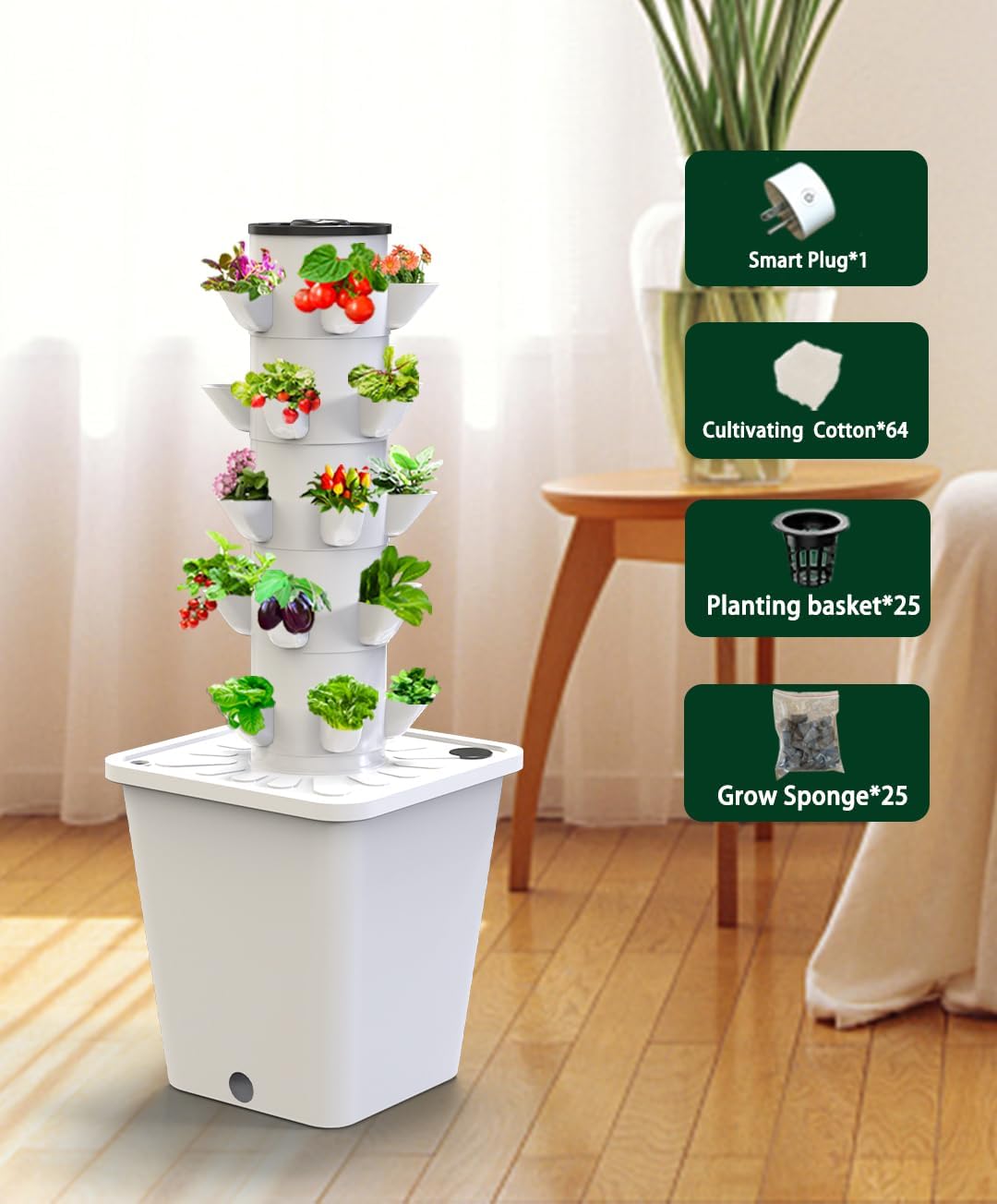 SJZX Hydroponics Growing System Kit, 12L Large Capacity Hydroponic Tower, 5 Tiers Indoor Outdoor Gardening System for Beginner with Water Pump & APP Auto Timer, Vertical Garden Planter Kits (25 Pods)