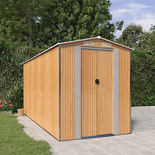 Garden Shed Light Brown 75.6"x173.2"x87.8" Galvanized Steel Storage House for Outdoor Backyard Organization