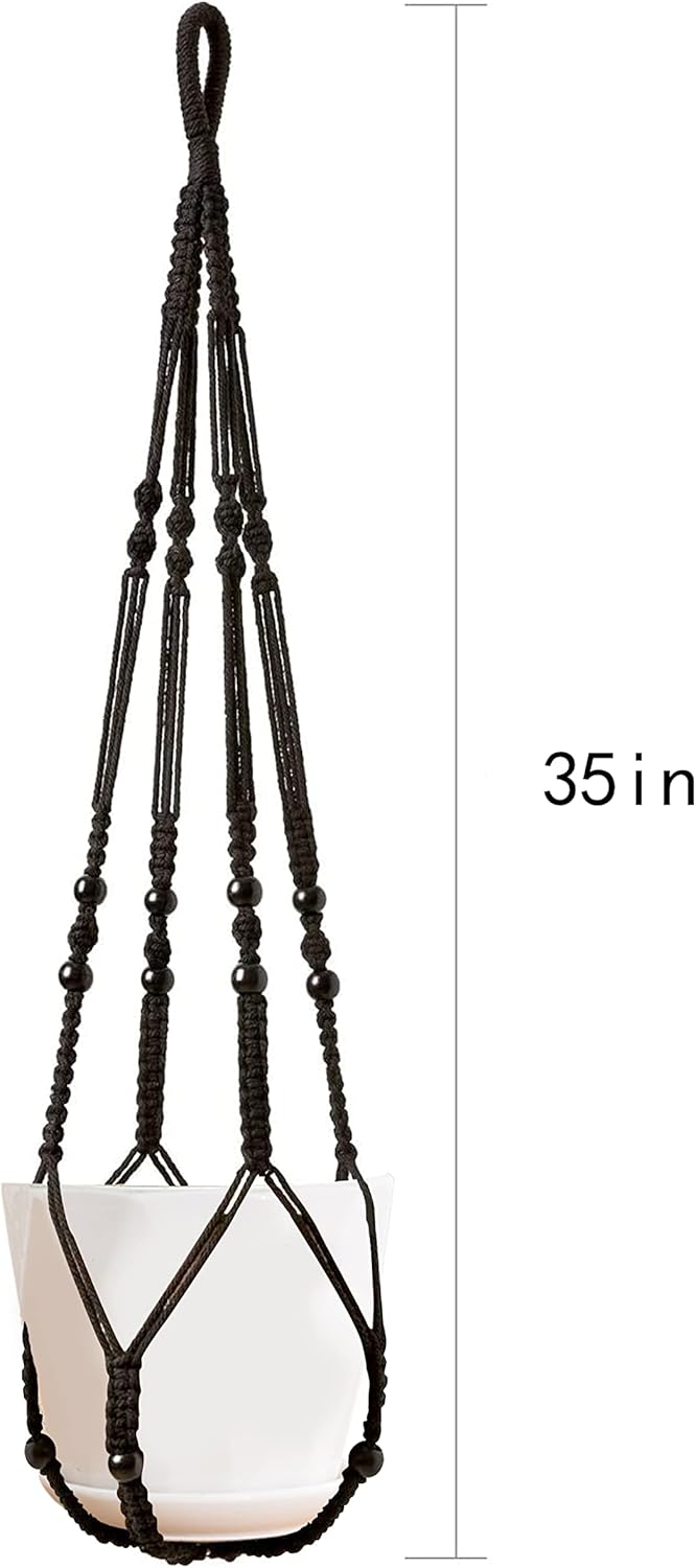 Macrame Plant Hanger Indoor Hanging with Wood Beads Macrame Planters No Tassel for Indoor Outdoor Boho Home Decor 35 Inch (Black,2pcs)