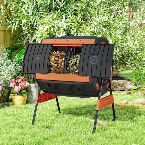 Brilluxa Outdoor Compost Bin, 53-Gallon Dual Chamber Tumbling Composter and Rotating Compost Tumbler with Adjustable Air Vents, BPA-Free Garden Waste Container, Orange