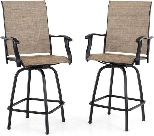 PHI VILLA Outdoor Swivel Bar Stools Set of 2, Bar Height Patio Chairs 30" Seat Height with All-Weather Brown Textilene Fabric, Tall Patio Chairs Furniture for Outside, Deck, Yard and Garden