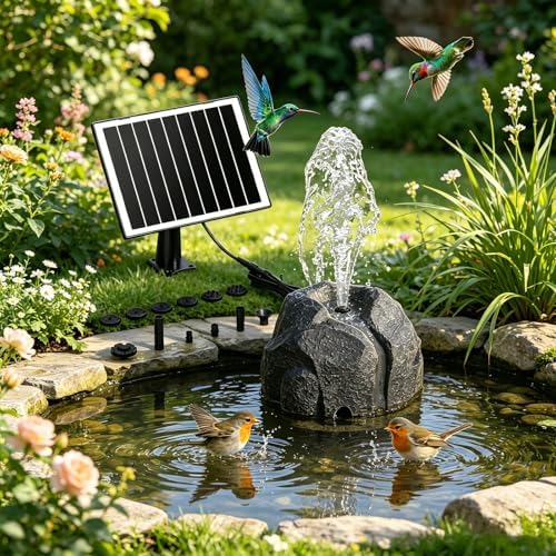 Solar Fountain for Bird Bath Outdoor Garden, Solar Powered Water Fountain Pump with 10 Nozzles, Resin Granite Rock Birdbath Bubbler for Small Pond, Hummingbird Bath, Patio Decor (Black)