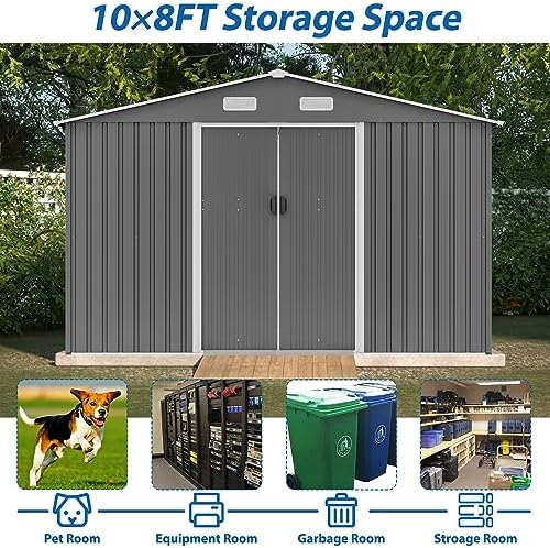 Storage Shed 10x8 FT, Large Metal Tool Shed for Outdoor Storage, Galvanized Steel Garden Shed with Lockable Sliding Doors for Patio, Backyard, Lawn, Grey