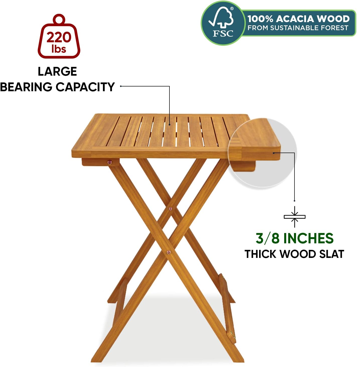IDZO Heavy Duty 400lbs Capacity Patio Bistro Sets, 3 Piece Outdoor Folding Chairs with Cushions and Square Table, FSC-Certified Acacia Wood, Space-Saving Design for Balcony, Garden and Porch