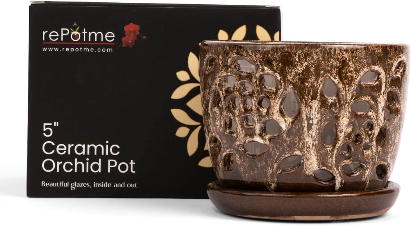 rePotme Orchid Pot - 5 inch Floral Cutout Ceramic Orchid Pot with Holes (Creamy Chestnut) - Includes 5 inch Slotted Pot Liner