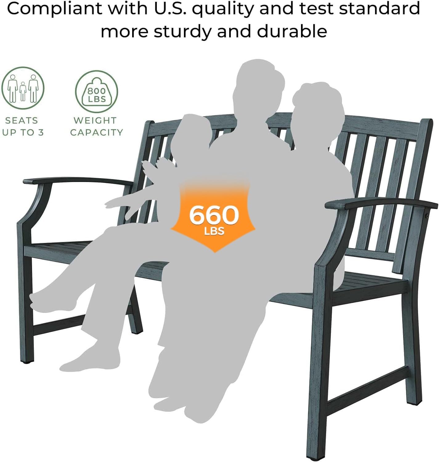 Grand patio 52" Farmhouse Outdoor Bench, Garden Benches with Anti-Rust Aluminum Metal Frame, Faux Wood Grain Finish Frame Patio Bench for Front Porch, Weathered Blue